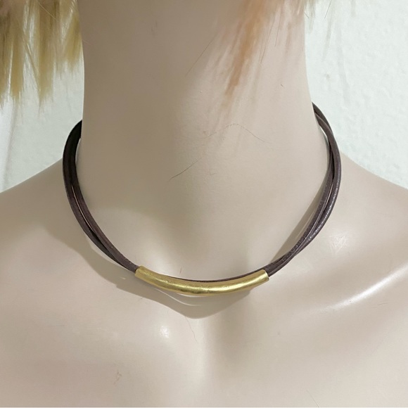 LUCKY BRAND Dark Brown Double Leather With Gold Bar Choker Necklace - Picture 3 of 9